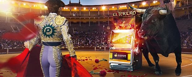 el torero merkur slot platin casino promo banner mit torero mit platin logo der gegen einen stier kämpft mit der slot in der arena